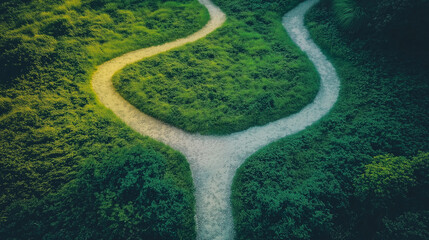 Aerial view of a crossroads in a lush green landscape, symbolic decision-making concept, nature pathway, divergent paths, environmental choices, scenic outdoor scenery, and inspirational journey