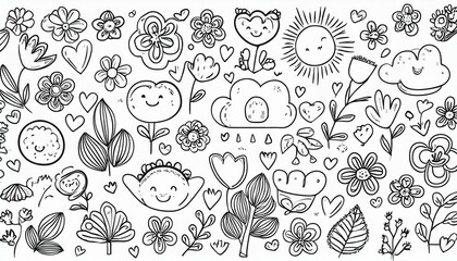 Cute kid background line tree, cloud, flower icon. Hand drawn doodle sketch kid art element set. Flower, heart, cloud children draw style design element background. perfect any project.