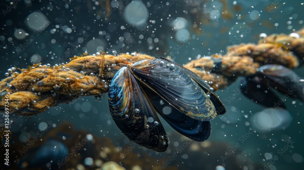 Poster mussels are attached to a submerged rope, surrounded by bubbles in a serene underwater environment. 