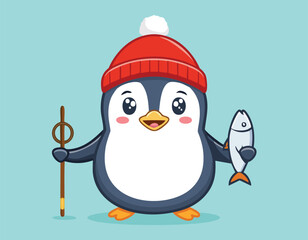A penguin animal with a small cute fish vector.
