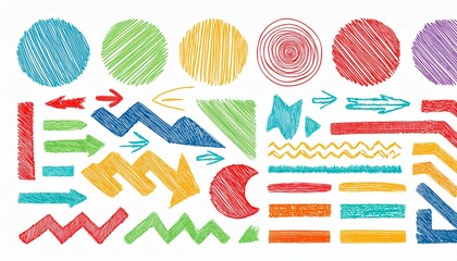 Doodle abstract shape background texture brush color set. Hand drawn sketch crayon scribble brush geometric shape color chalk effect background. Abstract arrow, circle, zigzag perfect any project.