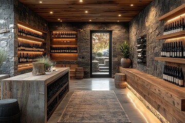 Modern wine tasting room featuring wooden decor, stone walls, and a serene outdoor view