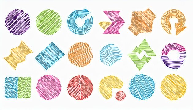 Doodle abstract shape background texture brush color set. Hand drawn sketch crayon scribble brush geometric shape color chalk effect background. Abstract arrow, circle, zigzag perfect any project.
