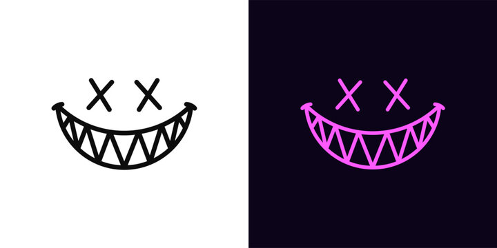 Outline evil smile icon, with editable stroke. Evil joker smile with cross on eyes and sharp teeth, monster grin. Emoji with evil sneer, devil smile, scary demon mouth, creepy gamer emoticon. Vector