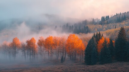 Fototapeta premium Autumnal Aspens Mist Shrouded Mountain Landscape
