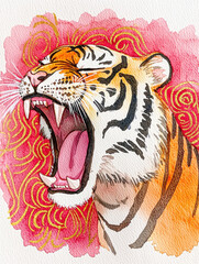 Obraz premium Roaring tiger watercolor with vibrant red and gold accents