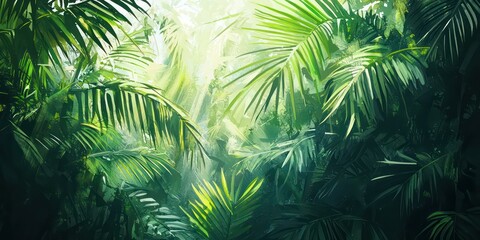 A lush green tropical forest with sunlight streaming through the canopy.