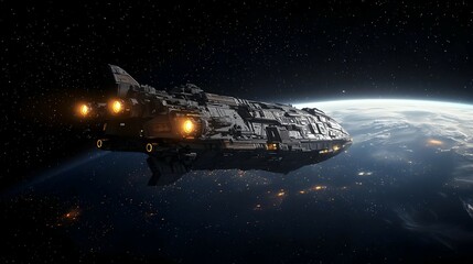 Fototapeta premium Grey Spaceship Orbiting Earth at Night