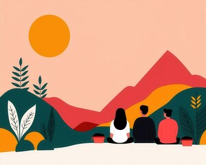 Obraz premium Family picnic near farmers market, outdoor leisure, flat design illustration