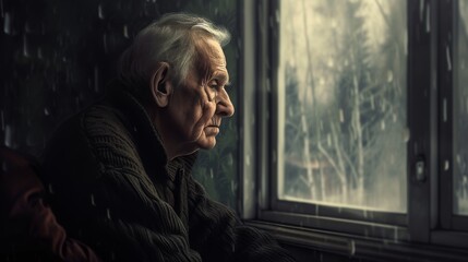 A thoughtful elderly man gazes out of a window, watching the snowfall outside. The dim lighting and soft shadows create a melancholic and reflective mood. AI generated.