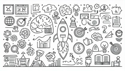Business idea, startup doodle line icon set. Hand drawn doodle sketch line style business strategy, finance goal growth, startup idea concept. Rocket, target, brain cute element. perfect any project.