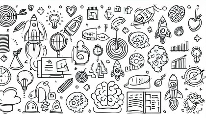 Business idea, startup doodle line icon set. Hand drawn doodle sketch line style business strategy, finance goal growth, startup idea concept. Rocket, target, brain cute element. perfect any project.
