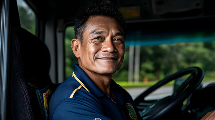 Obraz premium Portrait of a Smiling Middle Aged Man Driving a Truck