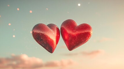 Obraz premium Two sparkling hearts floating in the sky, symbolizing love and unity.