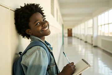 high school life. A young boy with curly hair smiles confidently while holding a notebook and pen in a bright school corridor.