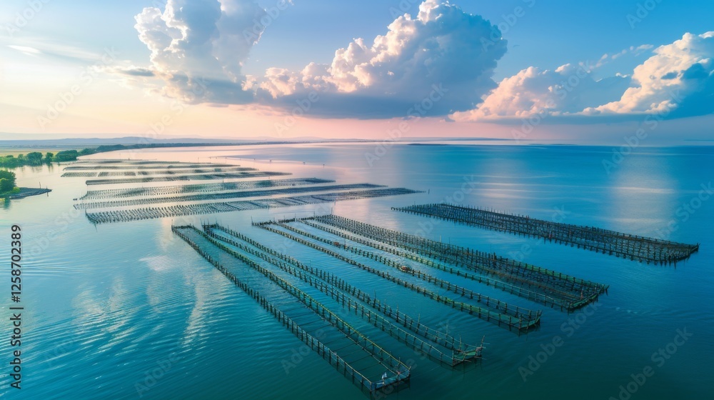 Poster the peaceful coastal landscape showcases wooden structures used for aquaculture, reflecting soft gol