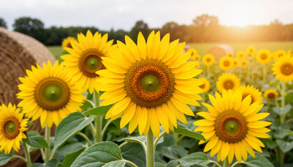 Obraz premium Cheerful sunflowers blooming in farm field at high noon, summer vitality