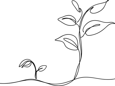 recommend clip art: Oneline drawing, plant growth, seedling, sprout, leaves, nature, continuous line art, simple, minima