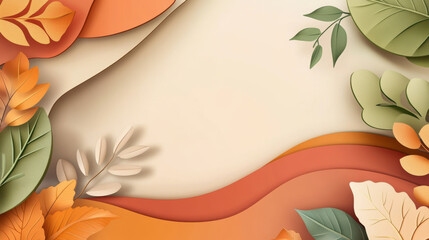 Naklejka premium Autumn inspired abstract background with layered paper style leaves warm orange, green, and beige tones. elegant composition features organic shapes and soft shadows, creating cozy seasonal feel