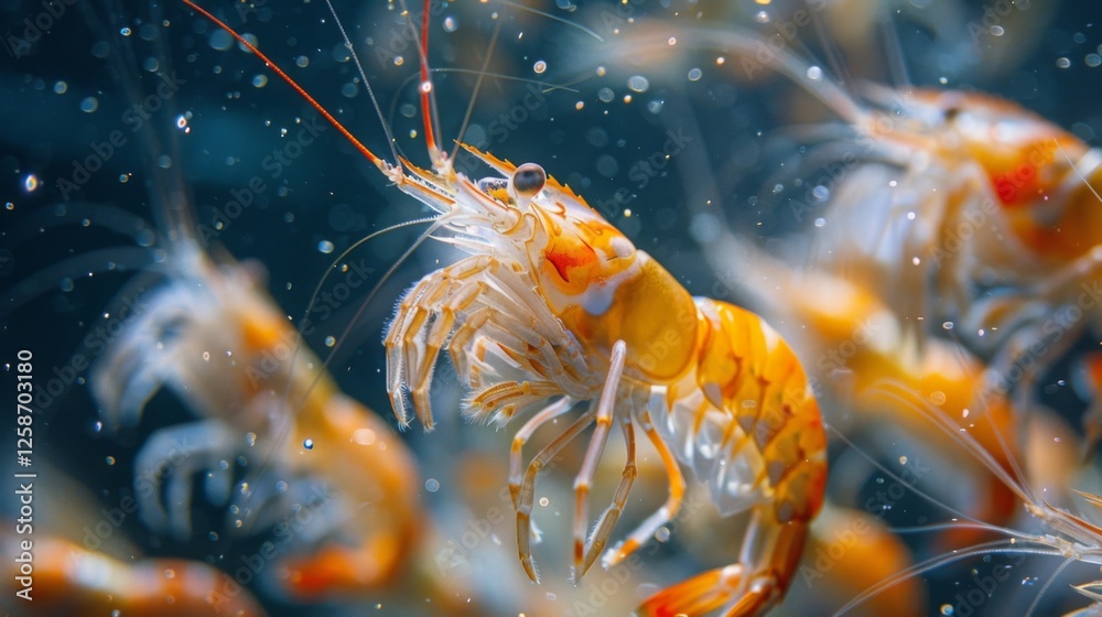 Poster a group of shrimp is swimming elegantly in clear ocean waters, displaying their vivid colors and int