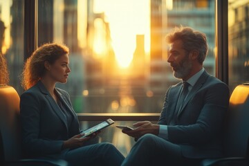 Business colleagues review data on tablets during a sunset commute, showcasing collaboration and modern work.