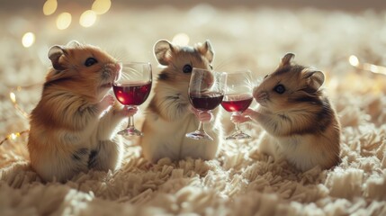 Three cute hamsters holding red wine glasses