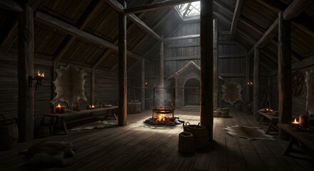 Interior of Viking Longhouse with Fireplace and Rustic Decoration