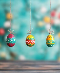 Three vibrant, painted eggs dangle from strings, beautifully displayed on a rustic wooden table, capturing the essence of festive decor.
