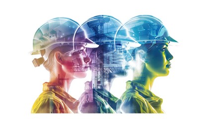 Obraz premium construction workers wearing hard hats and one woman