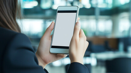 A woman is holding a cell phone with a white screen