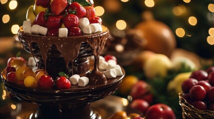 Chocolate fountain with fruit & marshmallows, festive background, dessert buffet