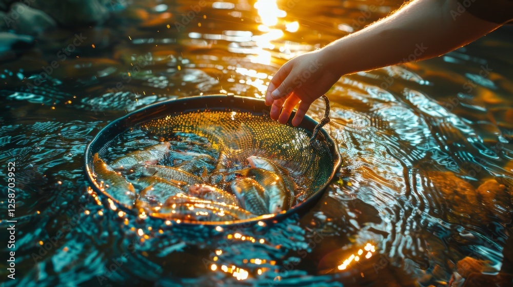 Aufkleber a person extends a hand to catch fish using a net in calm water during sunset, creating a serene atm