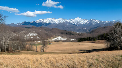 Fototapeta premium Snowcapped Mountain Range Overlooking a Brown Valley