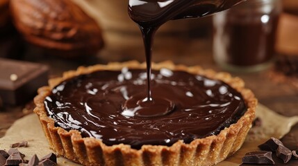 Chocolate tart glaze pouring, rustic kitchen, cocoa beans background, food blog use
