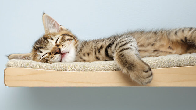 A cat is sleeping on a wooden shelf