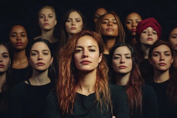 Fototapeta premium Group of diverse people in a pose against dark background, led by a woman in front