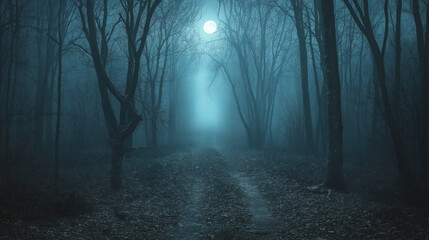 Obraz premium Eerie moonlit forest path under a full moon with misty atmosphere