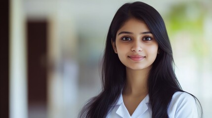 A beautiful young Indian woman dressed in medical attire with a gentle expression. Young Indian woman with a calm expression in a medical student concept.