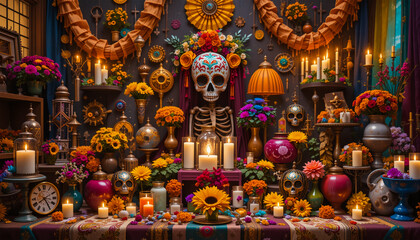 Fototapeta premium Honoring the Ancestors – A beautifully decorated Day of the Dead altar featuring candles, sugar skulls, and papel picado.
