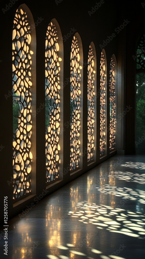 Poster soft, golden light filters through beautifully designed arabesque windows, casting delicate shadows 