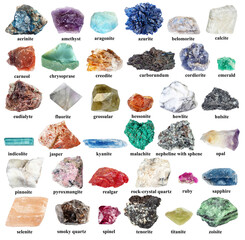 specimens of various raw rocks with names cut out