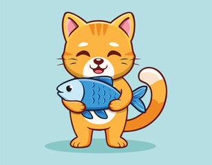 A cute baby cat playing with a fish. Animal Nature Icon Concept vector.
