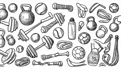 Sport gym sketch health icon set. Hand drawn sketch doodle healthy sport, gym fit exercise equipment icon.Doodle hand drawn tennis ball, bottle, dumbbell fit equipment. perfect any project.