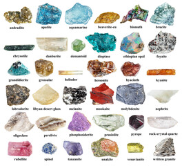 specimens of uncut minerals with names cut out