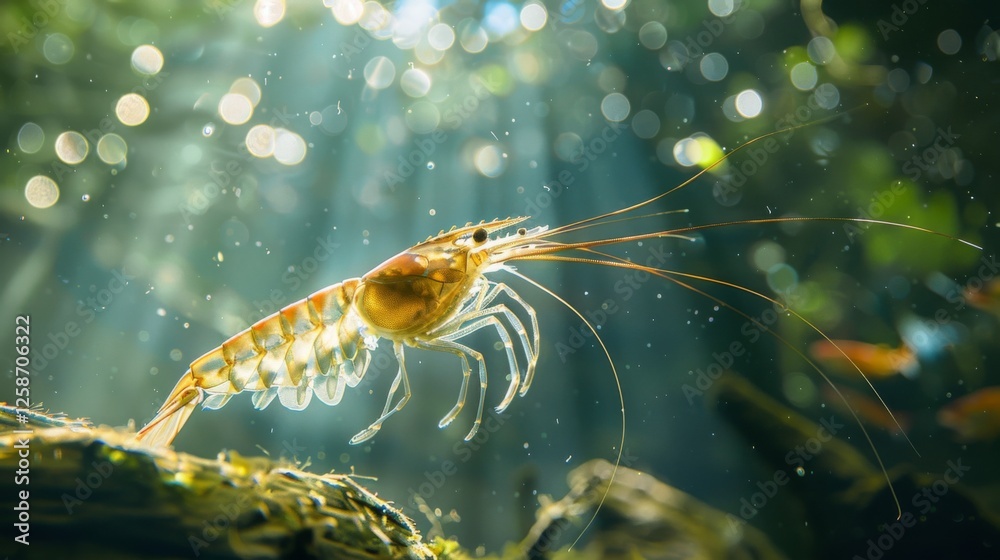Poster a vibrant freshwater shrimp is captured in motion amidst shimmering rays of sunlight filtering throu