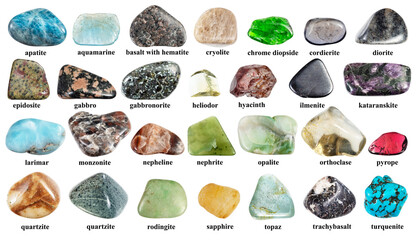 specimens of polished rocks with names cut out