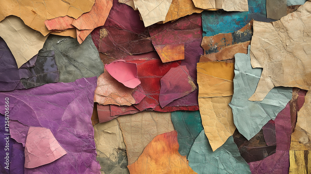 Poster a layered composition of torn paper pieces, each with unique textures and colors