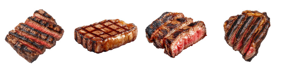 Grilled steak pieces presented on a dark background.