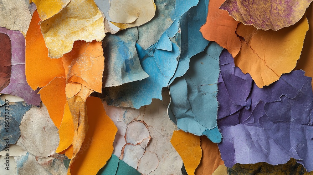Poster a layered composition of torn paper pieces, each with unique textures and colors