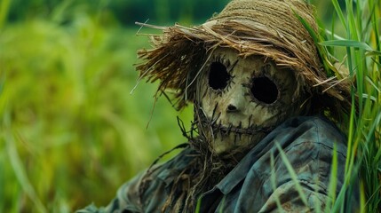 Obraz premium Creepy scarecrow in rice paddy, Halloween